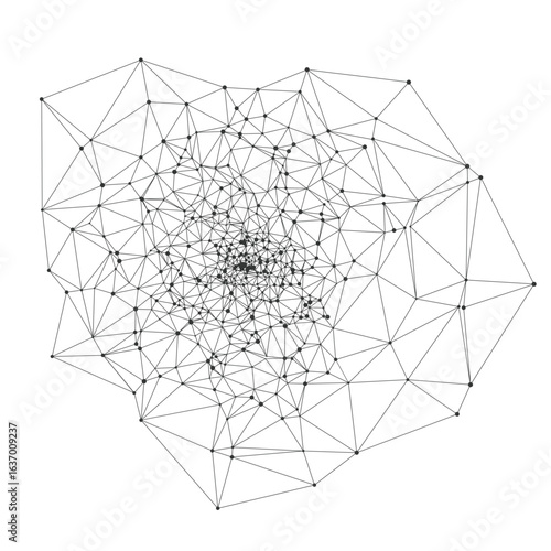 Complex geometric spiral network with interconnected lines and nodes ideal for technology backgrounds science presentations or digital design projects isolated on white background vector illustration
