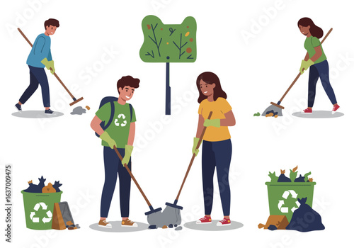 Illustration Vector of People Cleaning with Recycling Bins and Litter Collection in a Cartoon Style