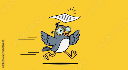 An Animated Bird Wearing Glasses Is Running Very Fast While a Paper Flutters Overhead on a Bright Yellow Background Indicating Productivity and Motion