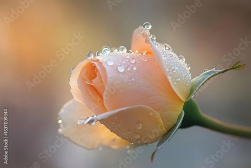 Fototapeta Naklejka Na Ścianę i Meble -  A soft peach rose unfurls, its petals adorned with shimmering water droplets in a gentle, blurred light.