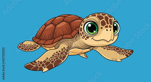 Adorable cartoon sea turtle with big green eyes gracefully swimming through clear blue ocean water showcasing its intricate shell and flippers in a delightful marine illustration perfect for children'