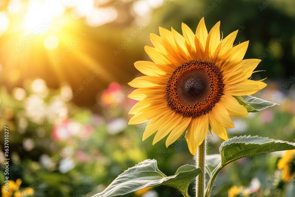 Fototapeta premium A radiant sunflower blooms in the golden sunlight, with vibrant yellow petals against a backdrop of lush greenery and blurred flowers.