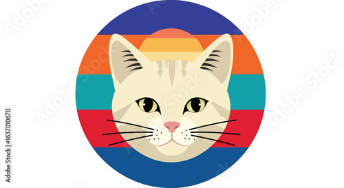 A Vintage Style Illustration of a Cute Cat Face with Warm Sunset Colors in the Background Offering a Retro Vibe and Nostalgic Charm for Cat Lovers Everywhere