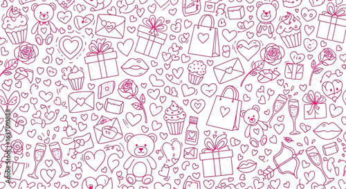 A Whimsical Hand Drawn Valentine's Day Pattern Featuring Adorable Teddy Bears Hearts Gifts Cupcakes and Romantic Elements in Pink