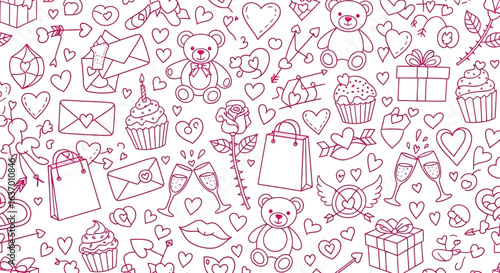 A Whimsical Hand Drawn Valentine's Day Pattern Featuring Adorable Teddy Bears Hearts Gifts Cupcakes and Romantic Elements in Pink