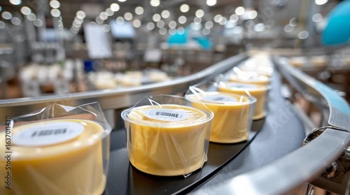 Conveyor belt transporting packaged butter containers in a modern food processing facility, showcasing automated production line and efficient manufacturing process