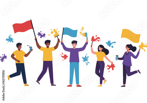 Illustration Vector of Cheerful People Holding Flags with Colorful Paint Splatters Modern Style