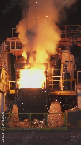 Molten metal pouring in steel mill: industrial scene. Stock clip