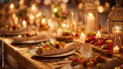 Elegant dinner setting with appetizers and candles.