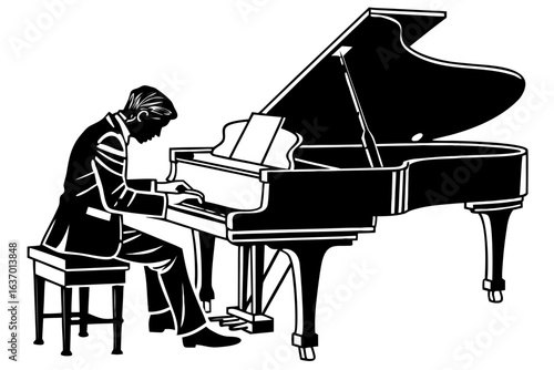 Illustration of a pianist in a suit playing a grand piano with sheet music on the music stand shown created with generated ai