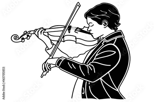 Illustration of a violinist in a suit playing the violin with a bow in a black and white style created with generated ai