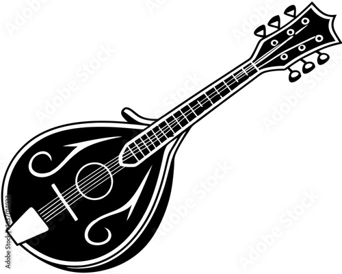 Illustration of a black and white mandolin with strings and tuning pegs in detailed vector art created with generated ai
