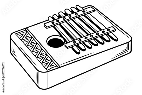 Illustration of a kalimba musical instrument with black and white color scheme and detailed line work created with generated ai