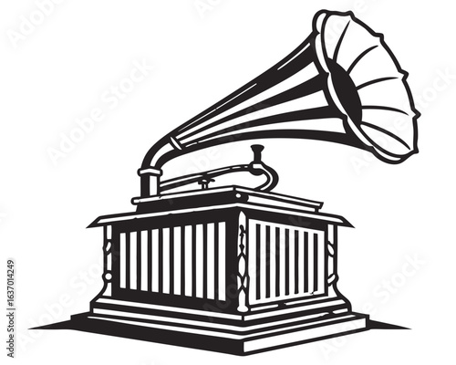 Illustration of a vintage gramophone with a large horn speaker and decorative base design in black and white created with generated ai