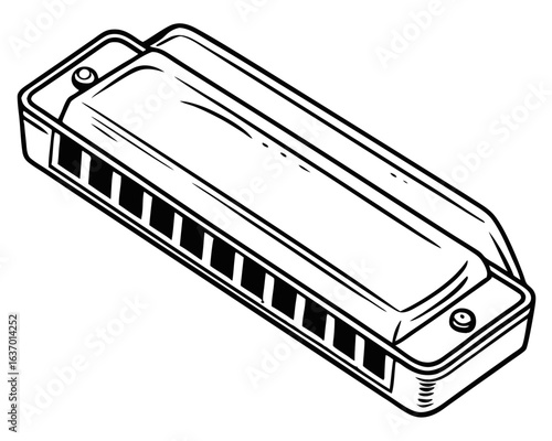Illustration of a diatonic harmonica with black and white design and detailed line work style shown at an angle created with generated ai