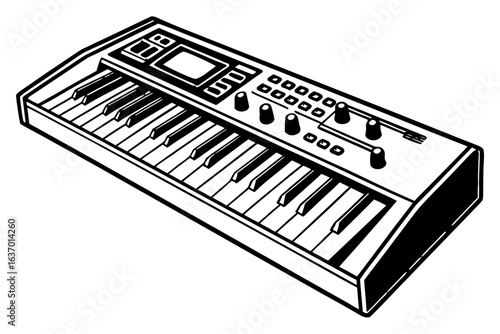Illustration of a synthesizer keyboard with multiple knobs and a screen in black and white style created with generated ai