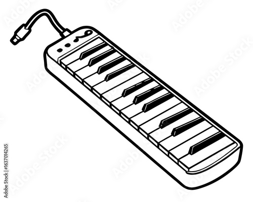 Illustration of a melodica with a tube and black and white keys in a simple line drawing style created with generated ai