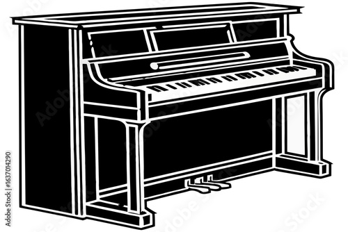 Illustration of an upright piano with keys and pedals in black and white style drawing design created with generated ai
