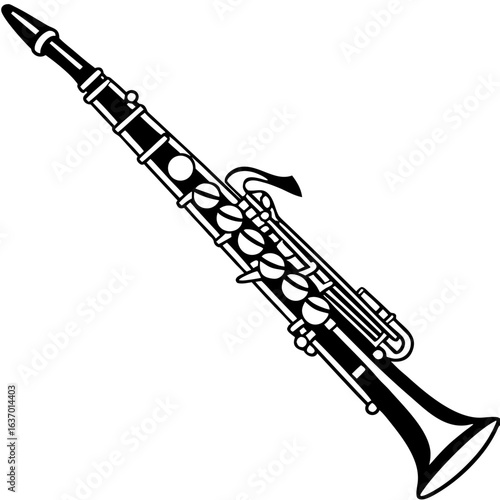 Illustration of a black and white clarinet with keys and mouthpiece in a simple graphic style created with generated ai