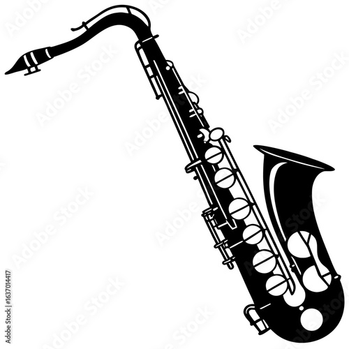 Illustration of a black saxophone with keys and mouthpiece on a white background showing musical instrument 100 created with generated ai