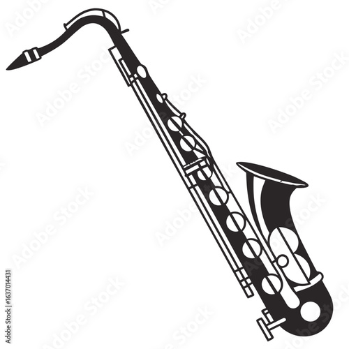 Black and white vector illustration of a saxophone with keys and mouthpiece in simple graphic style created with generated ai