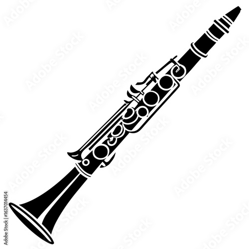 Illustration of a black clarinet with keys and mouthpiece isolated on a white background in a vector format created with generated ai