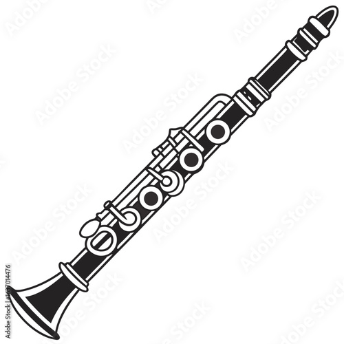 Illustration of a black and white clarinet with keys and mouthpiece on a white background image design created with generated ai
