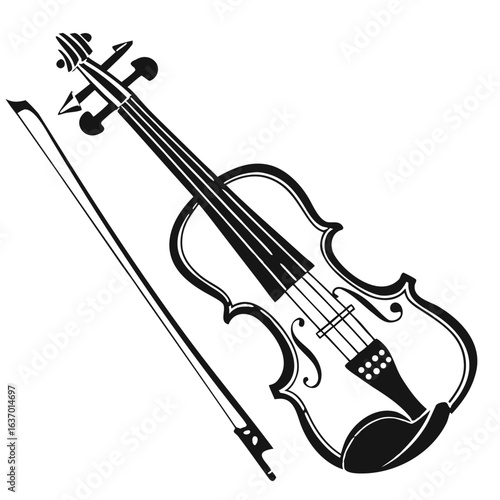 Illustration of a violin with its bow lying next to it in a monochrome black and white design style created with generated ai