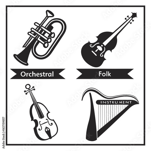 Illustration of orchestral trumpet folk violin and harp instruments in black and white square frame art created with generated ai