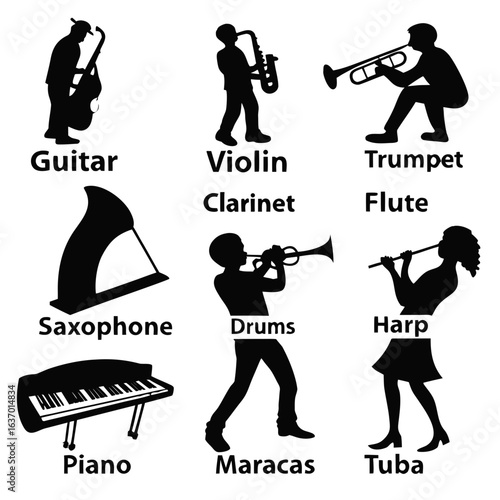 Silhouettes of musicians playing various musical instruments with labels on a white background design created with generated ai