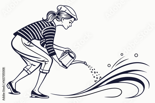 Woman in striped shirt and cap watering plants with a watering can in black and white illustration created with generated ai