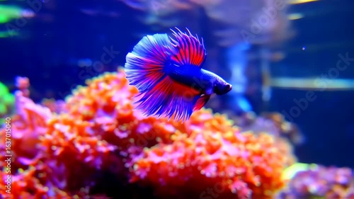 Vibrant fish with a large, flowing tail fin, against a backdrop of colorful coral formations in an aquarium