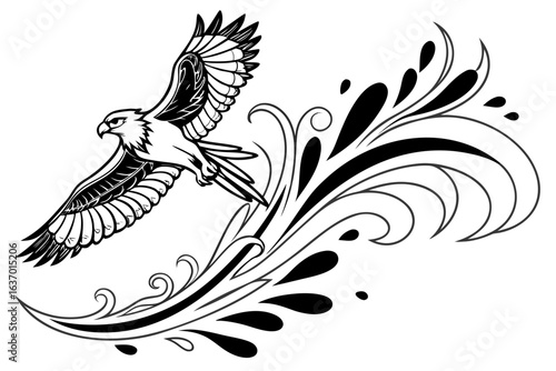 Eagle soaring with decorative floral elements in black and white graphic design illustration style created with generated ai