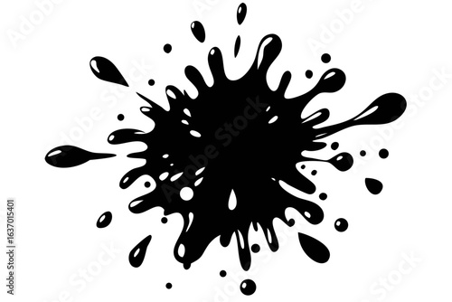Illustration of a black ink blot with various sizes of splatters and drops on a white background created with generated ai