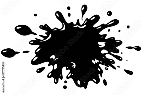 Black ink blot with splatters and drips creates an abstract shape on a white background design element created with generated ai