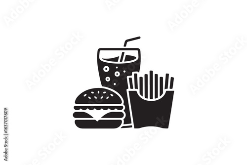 Black and white fast food combo graphic.A simple, black and white graphic showcasing a classic fast food combo: a hamburger, French fries, and a soda.