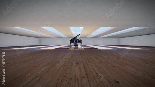 This stock motion graphic video of Cinematic Empty Piano Hall with gentle overlapping curves on seamless loops