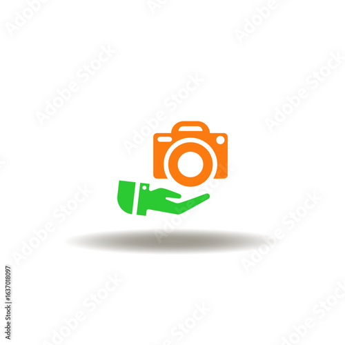 Vector illustration of hand hold video photo cam. Icon of digital or mirror camera. Symbol of video photography business service.