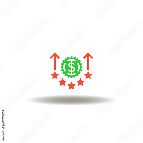 Vector illustration of coin dollar and five stars with arrows up. Icon of money analysis and financial satisfaction. Symbol of investment assessment and profit growth.