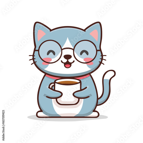 A cute cartoon cat wearing glasses and enjoying a cup of coffee. A cute cat holding coffee and smiling