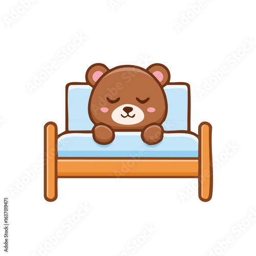 A cute bear asleep in a cozy bed, representing relaxation and peaceful sleep. The bear is resting its head, looking very comfortable.