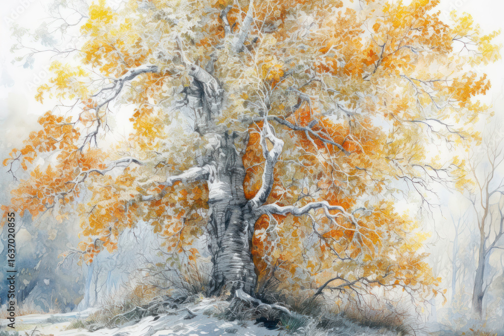 Fototapeta premium Watercolor illustration of a lone tree with a massive trunk and spreading branches, covered with the first snow. 