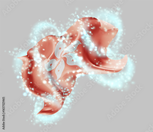 Hong Kong, vector 3d flag in whirlwind of magical radiance