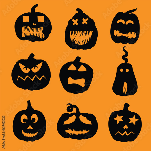 Pumpkin heads for Halloween emotions faces and spooky horror set. Halloween character design and pumpkins funny faces for carving and cut outs. Autumn holidays. Carved faces silhouettes. Vector.