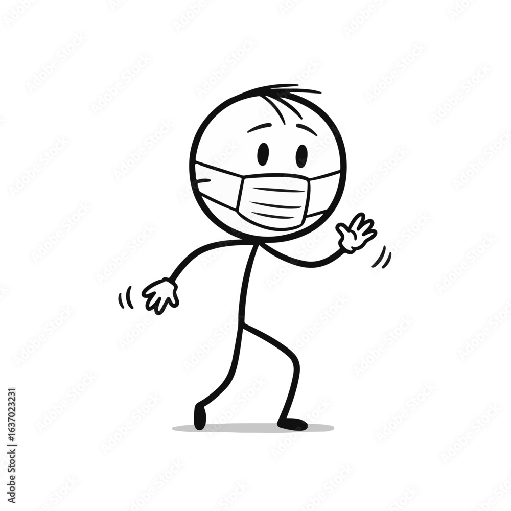 Fototapeta premium Stick figure wearing a face mask, smiling and waving, against a simple white background, concept of health awareness or public safety