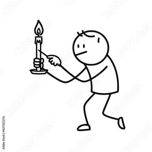 Stick figure person lighting a candle with focused expression in a minimalist drawing style against a plain white background, concept of home decor or event planning