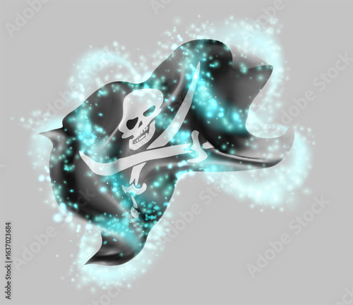 Pirate, vector 3d flag in whirlwind of magical radiance