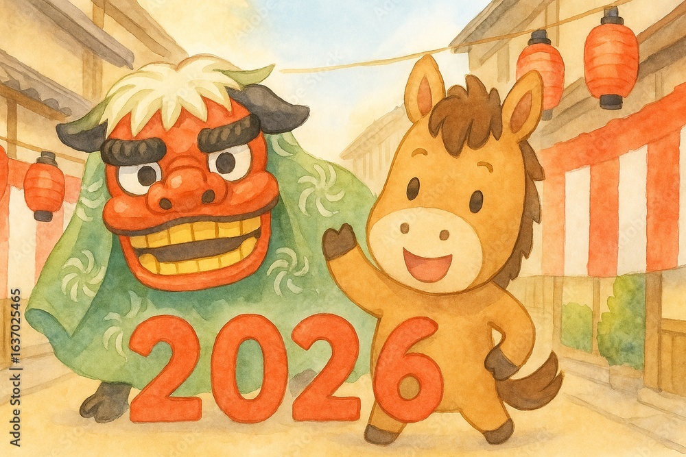 Fototapeta premium 2026年の干支・午と獅子舞のにぎやか年賀イラスト