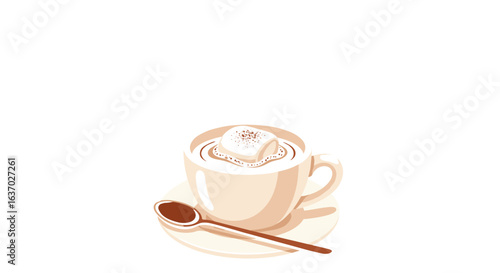 Delicious foamy coffee with marshmallow and spoon illustration, white background