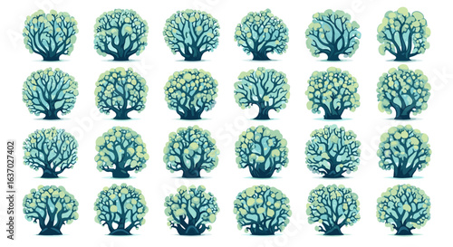Stylized bushes and trees arrayed against a clean white background.